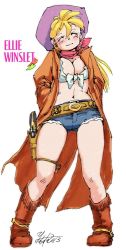 Rule 34 | 1girl, ^ ^, blonde hair, blush, boots, breasts, character name, cleavage, closed eyes, cowboy boots, cowboy hat, cowboy western, cutoffs, denim, denim shorts, ellie winslet, fringe trim, front-tie top, full body, gun, handgun, hands in pockets, hat, holster, large breasts, long coat, long hair, midriff, navel, original, pigeon-toed, revolver, shirt, shorts, skindentation, smile, solo, tied shirt, weapon, yabataso