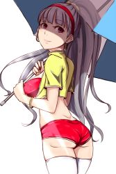 Rule 34 | 1girl, ass, bracelet, breasts, clearite, earrings, flat ass, hairband, idolmaster, idolmaster (classic), jewelry, long hair, medium breasts, micro shorts, ponytail, red eyes, shijou takane, short shorts, shorts, silver hair, solo, thighhighs, umbrella