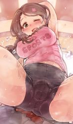 Rule 34 | 1girl, 7010, ;3, ;d, akanishi erika, armpits, bike shorts, blush, braid, breasts, brown hair, covered anus, covered erect nipples, fisheye, flower, from below, green eyes, groin, hair flower, hair ornament, idolmaster, idolmaster cinderella girls, indoors, large breasts, long hair, midriff, one eye closed, open mouth, parted bangs, pov, sitting, sitting on person, smile, solo, spread legs, steam, sweat, twin braids
