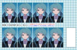 Rule 34 | 1girl, alternate costume, alternate hairstyle, black jacket, blue eyes, blue hair, closed mouth, collared shirt, commentary, danjou sora, dress shirt, grid background, hair over shoulder, hatsune miku, highres, id photo, jacket, long hair, looking at viewer, low twintails, multiple views, photo (object), recurring image, shirt, smile, solo, suit jacket, translation request, twintails, vocaloid, white shirt