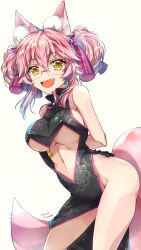 Rule 34 | 1girl, :d, animal ear fluff, animal ears, arms behind back, ass, bare shoulders, black dress, black gloves, blush, breasts, brown background, brown eyes, commentary request, dress, fang, fate/grand order, fate (series), fox ears, fox girl, fox tail, glasses, gloves, groin, hair between eyes, hair ornament, highres, koyanskaya (chinese lostbelt outfit) (fate), koyanskaya (fate), large breasts, looking at viewer, navel, open mouth, pink hair, sakura tsubame, signature, simple background, sleeveless, sleeveless dress, smile, solo, tail, tamamo (fate), underboob