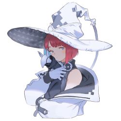 Rule 34 | animal, black shirt, blue eyes, commentary request, gloves, hat, holding, holding animal, jacket, long sleeves, looking at viewer, mogumo, off shoulder, original, red hair, shirt, short hair, simple background, sleeveless, sleeveless shirt, solo, upper body, white background, white gloves, white hat, white jacket, witch, witch hat