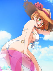 Rule 34 | 1girl, absurdres, ass, beach, bikini, blue sky, blush, breasts, cloud, commentary, day, english commentary, glasses, green eyes, hat, hat ribbon, highres, innertube, looking at viewer, medium breasts, mole, mole under eye, o-ring, o-ring bikini, o-ring swimsuit, open mouth, orange hair, original, outdoors, ribbon, short hair, sideboob, sitting, sitting on object, sky, solo, straw hat, sun hat, swim ring, swimsuit, thick eyebrows, thighs, twitter username, underboob, watermark, white bikini, zekky monzz