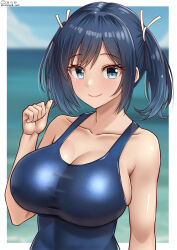 Rule 34 | 1girl, beach, blue eyes, blue hair, blue one-piece swimsuit, blue sky, blush, border, breasts, cloud, collarbone, day, hair ribbon, highres, kantai collection, large breasts, looking at viewer, ocean, one-hour drawing challenge, one-piece swimsuit, outdoors, ribbon, school swimsuit, shiromaru (maniado), short hair, sky, smile, solo, souryuu (kancolle), swimsuit, twintails, twitter username, upper body, white border