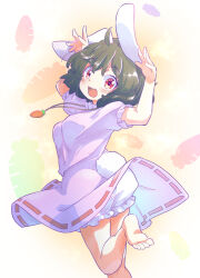 Rule 34 | 1girl, :d, ahoge, animal ears, barefoot, black hair, bloomers, breasts, carrot necklace, commentary request, dress, floppy ears, inaba tewi, jewelry, kneepits, leg up, looking at viewer, looking back, medium breasts, necklace, open mouth, pink dress, rabbit ears, rabbit girl, rabbit pose, rabbit tail, red eyes, red ribbon, ribbon, ribbon-trimmed dress, short hair, smile, soles, solo, standing, standing on one leg, tail, tanasuke, touhou, underwear, upper body, white bloomers