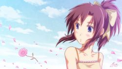 Rule 34 | 1girl, anime coloring, blue eyes, bow, brown hair, casual, collarbone, day, flower, hair bow, hair ornament, hair ribbon, looking away, nicca (kid nicca), original, parted lips, petals, ponytail, ribbon, sky, solo, wind