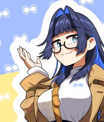 Rule 34 | 1girl, between breasts, black-framed eyewear, blue hair, blunt bangs, blush, breasts, brown coat, closed mouth, coat, colored inner hair, commentary, ddolbang, english commentary, glasses, hair intakes, hand up, highres, hololive, hololive english, large breasts, long hair, long sleeves, looking at viewer, multicolored hair, official alternate costume, ouro kronii, ouro kronii (casual), semi-rimless eyewear, smile, smug, solo, strap between breasts, streaked hair, trench coat, turtleneck, virtual youtuber