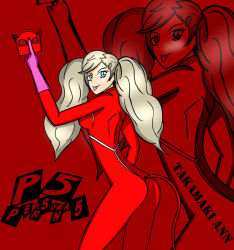 Rule 34 | 10s, 1girl, animal ears, ass, bad anatomy, blonde hair, breasts, cat ears, cat tail, character name, copyright name, green eyes, june183, persona, persona 5, poorly drawn, red theme, self-upload, smile, solo, tail, takamaki anne, zoom layer
