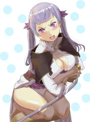 Rule 34 | 1girl, angry, ass, black clover, blush, bottomless, breasts, chair, cleavage, cross, cross necklace, dress, feet, grey hair, highres, jewelry, large breasts, long hair, necklace, noelle silva, open mouth, panties, pig tail, purple eyes, tagme, tail, tukemen gyokai, twintails, underwear