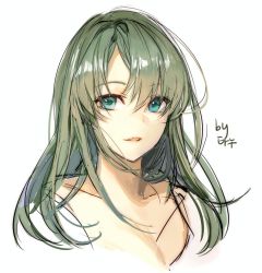 Rule 34 | 1girl, brown hair, collarbone, commentary request, copyright request, cropped shoulders, face, green eyes, green hair, hair between eyes, long hair, looking at viewer, open mouth, original, simple background, sketch, smile, solo, tanu0706, translation request, white background