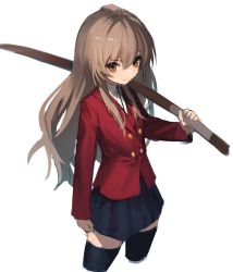 Rule 34 | 1girl, absurdres, aisaka taiga, black thighhighs, blue skirt, bokken, brown eyes, brown hair, closed mouth, cropped legs, hair between eyes, hara shoutarou, highres, holding, holding sword, holding weapon, jacket, long hair, looking at viewer, oohashi high school uniform, over shoulder, pleated skirt, red jacket, school uniform, simple background, skirt, solo, sword, thighhighs, toradora!, weapon, weapon over shoulder, white background, wooden sword
