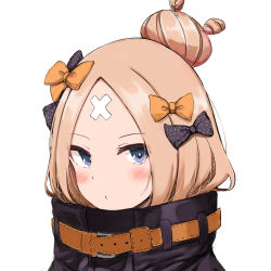 Rule 34 | 000kk, 1girl, abigail williams (fate), abigail williams (traveling outfit) (fate), bandaid, bandaid on face, bandaid on forehead, belt, black bow, black jacket, blonde hair, blue eyes, blush, bow, breasts, crossed bandaids, fate/grand order, fate (series), forehead, hair bow, hair bun, heroic spirit traveling outfit, high collar, jacket, long hair, long sleeves, looking at viewer, multiple hair bows, official alternate costume, orange belt, orange bow, parted bangs, polka dot, polka dot bow, simple background, single hair bun, small breasts, white background