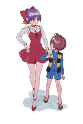 Rule 34 | 1boy, 1girl, antenna hair, bare legs, blue shirt, blue shorts, bow, brown hair, choker, collarbone, dress, dress shirt, eye contact, full body, gegege no kitarou, hair bow, hand on own hip, height difference, highres, holding, holding letter, kitarou, letter, long sleeves, looking at another, nekomusume, nekomusume (gegege no kitarou 6), open clothes, open vest, parted lips, pointy ears, purple hair, red bow, red choker, red dress, red footwear, sandals, shirt, short dress, short hair, short shorts, shorts, silanduqiaocui, simple background, sketch, sleeveless, sleeveless dress, standing, vest, white background, white shirt, yellow eyes