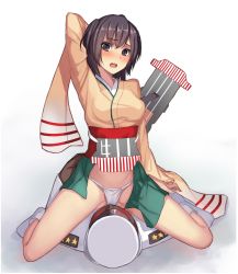 Rule 34 | 10s, 1boy, 1girl, admiral (kancolle), blush, brown eyes, brown hair, cameltoe, girl on top, gradient background, highres, hiryuu (kancolle), japanese clothes, kantai collection, long legs, lying, musyne xsk, on back, open mouth, panties, short hair, sitting, sitting on face, sitting on person, twintails, underwear, white panties