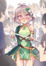 Rule 34 | 1girl, @ @, antenna hair, bare shoulders, blush, breasts, detached sleeves, dress, elf, flower, green dress, green sleeves, hair between eyes, hair flower, hair ornament, highres, holding, holding staff, kokkoro (princess connect!), long sleeves, looking at viewer, multiple boys, nishin (nsn 0822), open mouth, pelvic curtain, pink eyes, pointy ears, princess connect!, puffy long sleeves, puffy sleeves, see-through, see-through sleeves, short hair, silver hair, sleeveless, sleeveless dress, small breasts, staff, thighs, yuuki (princess connect!)
