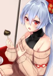 Rule 34 | 1girl, absurdres, bare shoulders, casual, chestnut, chocolate, fate/grand order, fate (series), highres, mitsudomoe (shape), nanakaku, ponytail, red eyes, ribbed sweater, silver hair, solo, sweater, tomoe (symbol), tomoe gozen (fate)