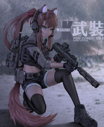 Rule 34 | 1girl, animal ear fluff, animal ears, assault rifle, backpack, bag, black footwear, black gloves, black shorts, brown hair, commentary request, fang zhenjun, gloves, green eyes, gun, h&amp;k mp7, holding, holding gun, holding weapon, kneeling, long hair, midriff, military, navel, original, personal defense weapon, ponytail, rifle, shoes, shorts, sneakers, solo, submachine gun, suppressor, tactical clothes, tail, termichan (not-a-bot), thighhighs, translation request, weapon