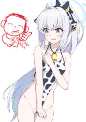 Rule 34 | 1girl, animal ears, animal print, doodle sensei (blue archive), bell, blue archive, blue halo, blush, breasts, cow ears, cow horns, cow print, ear tag, embarrassed, fake animal ears, halo, highleg, highleg swimsuit, highres, horns, ishikane aoi, long hair, miyako (blue archive), neck bell, one-piece swimsuit, purple eyes, sensei (blue archive), small breasts, solo, swimsuit, taking picture, white background, white hair