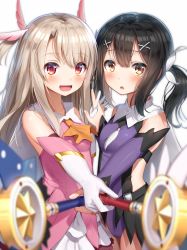 Rule 34 | 2girls, :d, :o, ascot, asymmetrical bangs, bare shoulders, black hair, blonde hair, blurry, blush, breasts, cape, cowboy shot, depth of field, dress, elbow gloves, fate/kaleid liner prisma illya, fate (series), feather hair ornament, feathers, foreshortening, gloves, hair between eyes, hair ornament, hairclip, highres, holding, holding hands, holding wand, illyasviel von einzbern, interlocked fingers, leotard, long hair, looking at viewer, low twintails, miyu edelfelt, multiple girls, open mouth, orange ascot, pink dress, purple gloves, purple leotard, red eyes, sidelocks, simple background, sleeveless, sleeveless dress, small breasts, smile, standing, star (symbol), superpig, tareme, twintails, two side up, wand, white background, white cape, white gloves, x hair ornament, yellow eyes