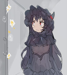 Rule 34 | 10s, 1girl, abyssal ship, black dress, black hair, blush, bonnet, breasts, dress, full-face blush, gothic lolita, horns, isolated island princess, kantai collection, lolita fashion, long hair, open mouth, red eyes, sexually suggestive, single horn, small breasts, solo, sweatdrop, very long hair, walzrj