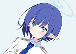 Rule 34 | 1girl, aoi (blue archive), blue archive, blue eyes, blue hair, blue necktie, blush, closed mouth, collared jacket, dutch angle, earclip, epaulettes, halo, jacket, koriyuo, looking at viewer, mole, mole under eye, necktie, pointy ears, portrait, short hair, simple background, solo, sweat