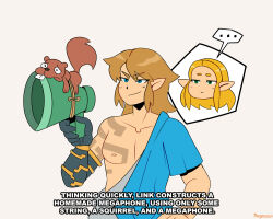 Rule 34 | ..., 1boy, 1girl, archaic set (zelda), blonde hair, blue eyes, brown hair, closed mouth, commentary, dave the barbarian, english commentary, english text, gameplay mechanics, green eyes, highres, link, megaphone, nintendo, pectorals, pointy ears, princess zelda, simple background, spoken ellipsis, squirrel, subtitled, the legend of zelda, the legend of zelda: tears of the kingdom, thegreyzen, white background