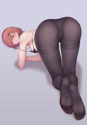 Rule 34 | 1girl, absurdres, all fours, ass, bad id, bad pixiv id, black bra, black pantyhose, blush, bra, bra slip, breasts, brown hair, elbow rest, from behind, hair ornament, hairclip, highres, higuchi madoka, idolmaster, idolmaster shiny colors, looking at viewer, looking back, medium breasts, mole, mole under eye, nail polish, open mouth, panties, panties under pantyhose, pantyhose, purple eyes, purple nails, short hair, simple background, soles, thighband pantyhose, underwear, xixing si yao meng