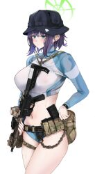 Rule 34 | 1girl, ammunition pouch, assault rifle, belt, belt pouch, bikini, black hat, blue archive, blue bikini, blush, breasts, brown belt, bucket hat, buckle, camouflage, camouflage belt, carabiner, closed mouth, covered erect nipples, cowboy shot, desert camouflage, eotech, eotech exps3, flip-up sight, fte (fifteen 199), gun, gun sling, halo, hat, highres, holding, holding gun, holding weapon, lanyard, large breasts, laser sight, long sleeves, magazine (weapon), navel, official alternate costume, optical sight, pouch, purple hair, raglan sleeves, rash guard, rifle, saki (blue archive), saki (swimsuit) (blue archive), sig 516, simple background, snap-fit buckle, solo, stomach, sweatdrop, swimsuit, thighs, turtleneck, utility belt, watch, weapon, white background, wristwatch