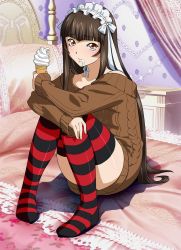 Rule 34 | 00s, 1girl, bed, brown eyes, brown hair, female focus, food, food on face, full body, hat, highres, ice cream, ice cream on face, ikkitousen, indoors, legs, long hair, looking at viewer, maid headdress, official art, pillow, smile, solo, striped clothes, striped thighhighs, ten&#039;i (ikkitousen), thighhighs