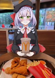 Rule 34 | 1girl, absurdres, blush, braid, cup, drinking straw, employee uniform, fast food, fast food uniform, food, french fries, fried chicken, genshin impact, green eyes, highres, kfc, looking at viewer, mcdonald&#039;s, noelle (genshin impact), photo background, plate, smile, solo, table, uniform, white hair
