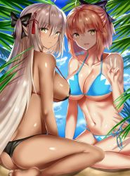 Rule 34 | 2girls, :d, ahoge, arm at side, bad id, bad pixiv id, bare legs, bare shoulders, barefoot, beach, bikini, black bikini, black bow, blue bikini, blue sky, blush, bow, breasts, cleavage, closed mouth, collarbone, commentary request, dark-skinned female, dark skin, day, fary5, fate/grand order, fate (series), from side, groin, hair between eyes, hair bow, hair ornament, hair ribbon, half updo, halterneck, hand up, highres, koha-ace, large breasts, leaf, long hair, looking at viewer, multiple girls, navel, okita souji (fate), okita souji (koha-ace), okita souji alter (fate), open mouth, outdoors, plant, red ribbon, ribbon, shiny skin, short hair, side-tie bikini bottom, sideboob, sidelocks, sitting, skindentation, sky, smile, soles, stomach, string bikini, swimsuit, tassel, thong, toes, underboob, v, very long hair, wariza, white hair, yellow eyes
