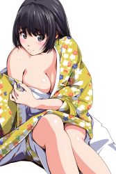 Rule 34 | 1girl, bare legs, bare shoulders, black eyes, black hair, blush, body blush, breasts, cleavage, closed mouth, collarbone, eyebrows, floral print, head tilt, highres, japanese clothes, kimono, knees up, long sleeves, looking at viewer, matsunaga kouyou, open clothes, open kimono, original, short hair, simple background, sitting, smile, solo, tareme, wide sleeves