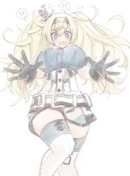 Rule 34 | 1girl, @ @, bad id, bad pixiv id, belt, blonde hair, blue eyes, blue shirt, blush, breast pocket, breasts, collared shirt, gambier bay (kancolle), gloves, hair between eyes, hairband, highres, kantai collection, large breasts, long hair, moontoxin, open mouth, pocket, shirt, short sleeves, shorts, simple background, solo, thighhighs, thighs, twintails, white thighhighs