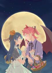 Rule 34 | 2girls, bandaged arm, bandages, bat wings, blue hair, blush, candy, commentary request, eris.y (7hai), feeding, food, full moon, hair between eyes, halloween, halloween costume, hat, holding, long hair, looking at another, love live!, love live! school idol project, maid, mini hat, moon, multiple girls, night, nishikino maki, pumpkin, purple eyes, red hair, scar, smile, sonoda umi, star (sky), wings, yellow eyes