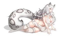Rule 34 | 1girl, absurdres, animal ears, arknights, bare shoulders, braid, breasts, cleavage, cleavage cutout, clothing cutout, coke0502, full body, grey eyes, grey hair, grey sweater, grey thighhighs, groin, hair between eyes, highres, large breasts, leopard ears, leopard girl, leopard tail, long hair, lying, meme attire, navel, on side, open mouth, pramanix (arknights), shadow, side braids, simple background, solo, sweater, tail, thighhighs, thighs, virgin killer sweater, wavy hair, white background