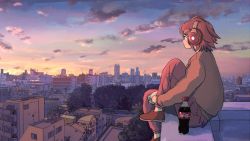 Rule 34 | 1girl, air conditioner, apartment, blue sky, bottle, building, city, cityscape, closed mouth, cloud, coca-cola, commentary request, from side, gradient sky, headphones, highres, looking away, medium hair, orange sweater, original, outdoors, pants, power lines, profile, railing, red footwear, red hair, red pants, rooftop, scenery, shoes, sitting, sky, solo, sweater, tree, twilight, utility pole, wind, xpomorin, yellow sky