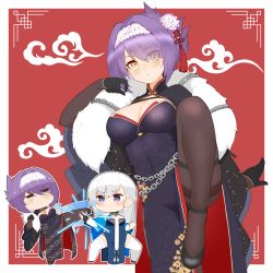 Rule 34 | 2girls, azur lane, belfast (azur lane), belfast (iridescent rosa) (azur lane), belfast (iridescent rosa) (azur lane), black dress, black footwear, black gloves, black sleeves, blue dress, blue eyes, blush, braid, breasts, broken, broken chain, cap105, chain, chibi, chibi inset, china dress, chinese clothes, cleavage, clenched hand, closed mouth, collar, commentary request, covered navel, cowboy shot, dress, earrings, eyes visible through hair, feather boa, fighting, fighting stance, flats, flower, folded ponytail, french braid, full body, gloucester (azur lane), gloucester (brilliance in purple) (azur lane), gloves, hair between eyes, hair intakes, hair ornament, hair over one eye, hairband, half gloves, highres, jewelry, kicking, large breasts, long hair, looking at another, looking at viewer, multiple girls, official alternate costume, panties, pantyhose, parted lips, partially fingerless gloves, pelvic curtain, purple hair, red background, short hair, shrug (clothing), side slit, sidelocks, single glove, skindentation, standing, standing on one leg, thigh strap, thighband pantyhose, thighhighs, underwear, white hair, white legwear, yellow eyes