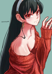 Rule 34 | 1girl, aosora2823, black hair, blush, breasts, cleavage, collarbone, earrings, hairband, highres, jewelry, long hair, long sleeves, looking at viewer, looking to the side, medium breasts, off-shoulder sweater, off shoulder, red eyes, red sweater, solo, spy x family, straight hair, sweater, twintails, upper body, very long hair, white hairband, yor briar