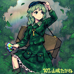 Rule 34 | 1girl, blue hat, camouflage, camouflage shirt, camouflage skirt, card, character name, commentary request, falling leaves, flat cap, green eyes, green hair, green shirt, green skirt, hand on headwear, hand up, hat, holding, holding card, key, leaf, long hair, lowres, meimaru inuchiyo, outdoors, rainbow, shirt, skirt, solo, touhou, yamashiro takane