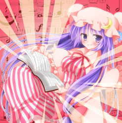 Rule 34 | 1girl, bad id, bad pixiv id, blush, book, bow, crescent, hair bow, hat, long hair, long sleeves, musical note, patchouli knowledge, purple eyes, purple hair, ribbon, smile, solo, staff (music), toronto (pixiv), touhou