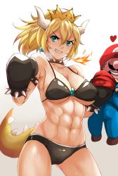 Rule 34 | 1boy, 1girl, abs, bikini, black bikini, black gloves, blonde hair, blue eyes, bowsette, boxing gloves, breasts, cabbie hat, cleavage, clothes pull, collar, collarbone, cowboy shot, crown, earrings, facial hair, fang, fire, gloves, hat, heart, highres, horns, jewelry, large breasts, looking at viewer, mario, mario (series), muscular, muscular female, mustache, navel, new super mario bros. u deluxe, nintendo, nonoririn, ponytail, shirt pull, smile, spiked collar, spikes, stomach, super crown, sweat, swimsuit, tail, teeth, toned, underboob