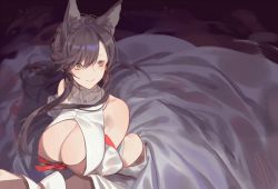 Rule 34 | 1girl, animal ears, arched back, atago (azur lane), azur lane, black gloves, black hair, blush, braid, breasts, brown eyes, cleavage, closed mouth, covered erect nipples, detached sleeves, dress, elbow gloves, gloves, hair between eyes, large breasts, long hair, looking to the side, red cucumber, sidelocks, solo, swept bangs, tsurime, white dress