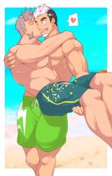 Rule 34 | 2boys, abs, alternate costume, bara, bare pectorals, black hair, blue male swimwear, blue swim trunks, carrying, commission, couple, crow (siranui), drawstring, earrings, facial hair, feet out of frame, goatee, green eyes, green male swimwear, green swim trunks, gyee, heart, highres, jewelry, kiss, kissing cheek, large pectorals, lifting person, long sideburns, male focus, male swimwear, multicolored hair, multiple boys, muscular, muscular male, navel, nipples, pectorals, princess carry, print male swimwear, print swim trunks, print swimsuit, purple hair, short hair, sideburns, spoken heart, su (gyee), swim trunks, swimsuit, thick thighs, thighs, two-tone hair, yan (gyee), yaoi