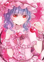 Rule 34 | 1girl, arms up, bat wings, blue hair, blush, bow, bowtie, brooch, capelet, commentary, hat, hat ribbon, heart, jaku sono, jewelry, mob cap, ornament, pink background, pink capelet, pink hat, pink shirt, pink skirt, puffy short sleeves, puffy sleeves, red eyes, remilia scarlet, ribbon, shirt, short hair, short sleeves, skirt, slit pupils, smile, snowflake background, solo, standing, striped bow, striped bowtie, striped clothes, striped neckwear, touhou, upper body, wings, wrist cuffs