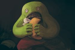 Rule 34 | 2others, colored skin, commentary, eating, english commentary, fine art parody, green eyes, green skin, highres, holding, mr. frog (smiling friends), multiple others, no humans, open mouth, parody, saliva, saturn devouring his son, smiling friends, standing, steel neck, teeth, wings, yellow skin
