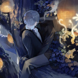 1boy cigarette dobato0071 ginko_(mushishi) hair_over_one_eye in_tree lantern leaf male_focus mushishi one_eye_covered outdoors short_hair sitting sitting_in_tree smoke smoking solo tree