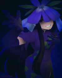 Rule 34 | 1girl, black gloves, black hair, china dress, chinese clothes, cruormor, dress, elbow gloves, flower, flower on head, gloves, grape print, highres, long hair, looking at viewer, one eye covered, purple dress, purple eyes, purple flower, short sleeves, smile, solo, touhou, unfinished dream of all living ghost, vine print, yomotsu hisami