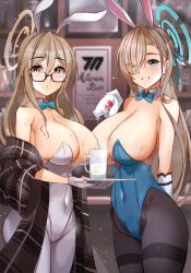 Rule 34 | 2girls, absurdres, akane (blue archive), akane (bunny) (blue archive), animal ears, asuna (blue archive), asuna (bunny) (blue archive), bare shoulders, blonde hair, blue archive, blue eyes, blue leotard, blush, bottle, bow, bowtie, breasts, brown eyes, brown legwear, cleavage, covered navel, detached collar, elbow gloves, fake animal ears, glasses, gloves, grin, hair over one eye, halo, highleg, highleg leotard, highres, large breasts, leotard, light brown hair, long hair, looking at viewer, milk, milk bottle, mole, mole on breast, multiple girls, pantyhose, playboy bunny, rabbit ears, serving, sezok, shawl, smile, suggestive fluid, sweat, thighs, traditional bowtie, white gloves, white legwear, white leotard
