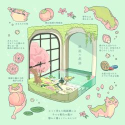 Rule 34 | animal, cherry blossoms, cherry tree, flower, food, fruit, grass, highres, indoors, leaf, lily pad, moss, mouth hold, no humans, open mouth, original, peach, pink flower, stairs, stone stairs, tree, water, window, yuhachi