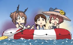Rule 34 | 3girls, bikini, blue one-piece swimsuit, blue sky, breasts, brown eyes, brown hair, cleavage, closed eyes, cloud, commentary request, dated, day, dress, flat chest, green eyes, hairband, hamu koutarou, hat, headgear, highres, inflatable raft, kantai collection, low twintails, medium breasts, multiple girls, mutsu (kancolle), name tag, oar, one-piece swimsuit, open mouth, outdoors, radio antenna, round teeth, school swimsuit, shirayuki (kancolle), short hair, short twintails, sky, smile, straw hat, sun hat, sundress, swimsuit, teeth, twintails, upper teeth only, water, white bikini, white dress, yukikaze (kancolle)